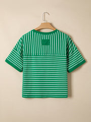Relaxed-fit green and white striped cotton t-shirt with crew neck and short sleeves.