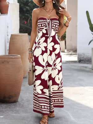 Burgundy floral tie-front strapless wide-leg romper with a white border print.