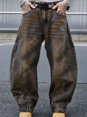 Men's distressed wide-leg cotton jeans in dark gray with baggy fit.