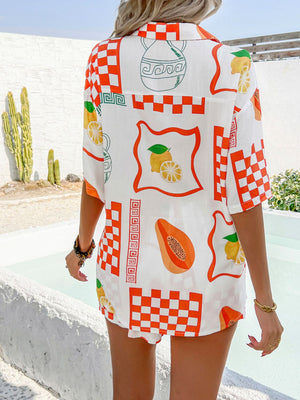 Resort shirt & shorts set with fruit and checkerboard print in white and tangerine.