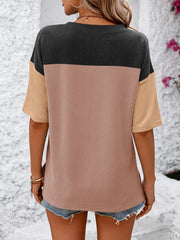 Mandy Color Pop T-Shirt in black, camel, and pink with a ribbed texture.
