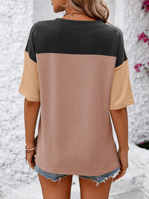 Mandy Color Pop T-Shirt in black, camel, and pink with a ribbed texture.