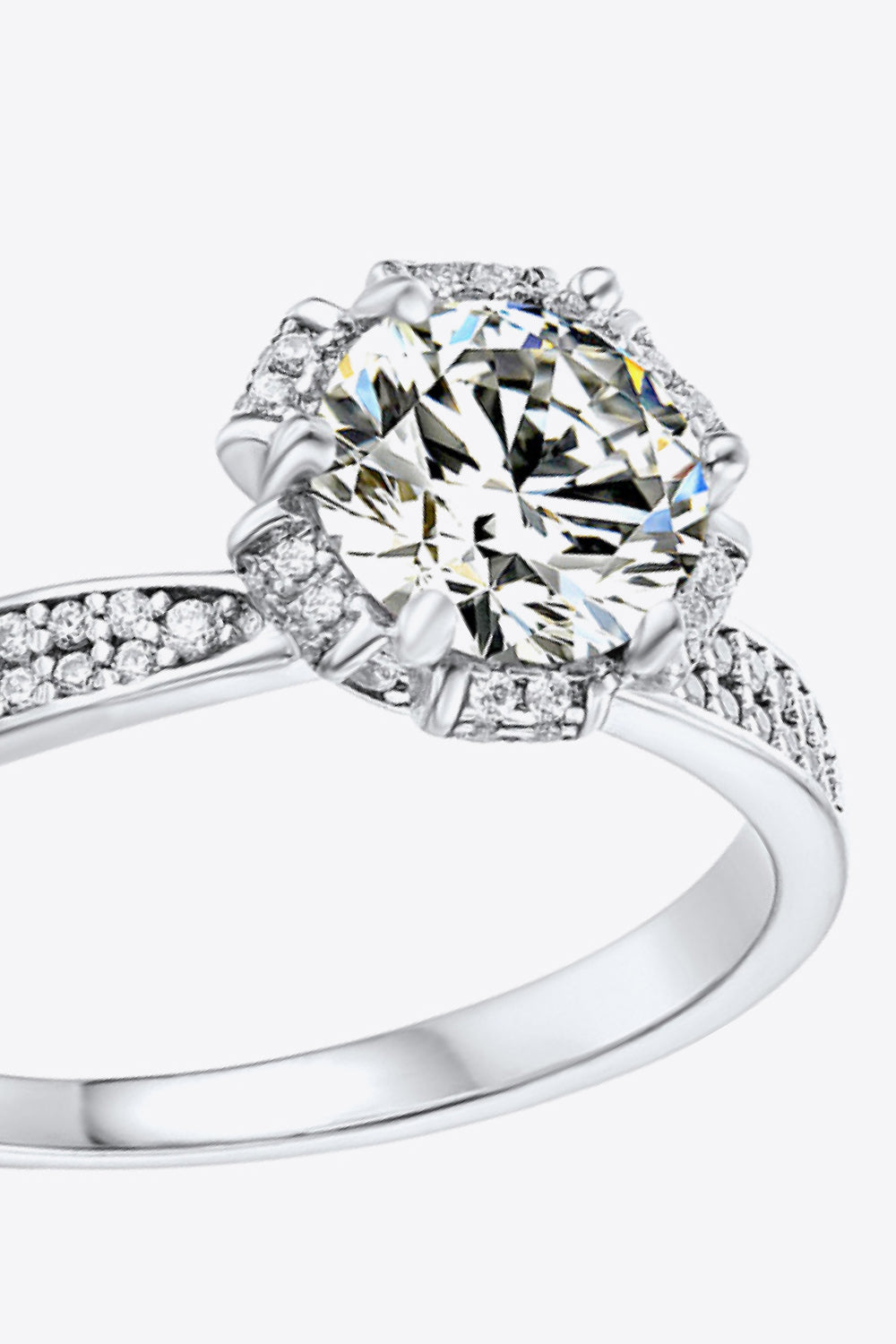 Silver moissanite halo ring with pave band