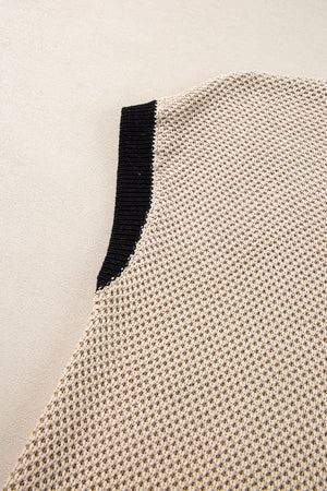 Beige knit cap sleeve top with black trim detail