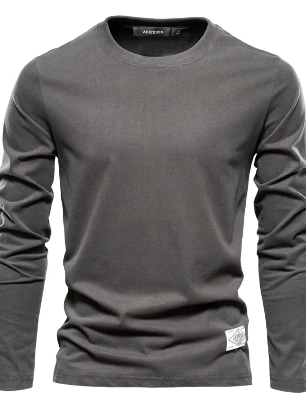 Dark Gray crew-neck long sleeve tee with textured fabric and a diamond patch detail.