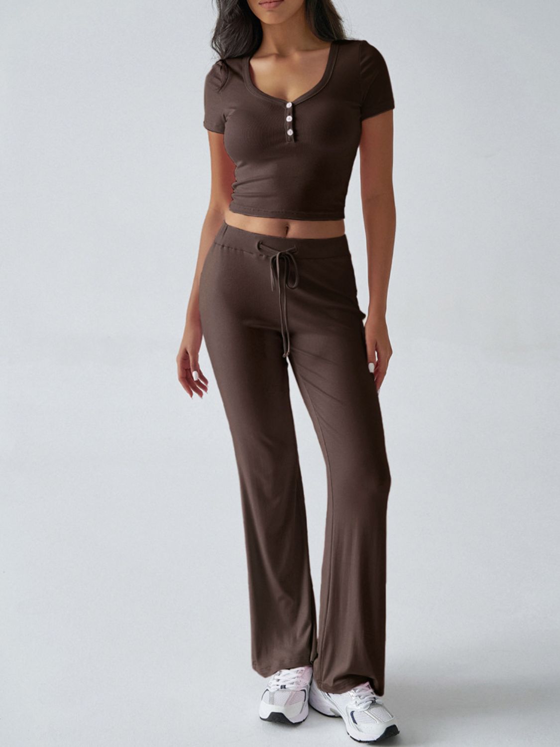 Brown ribbed button-front crop top and flared drawstring pants loungewear set.