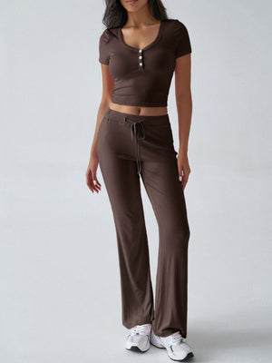 Brown ribbed button-front crop top and flared drawstring pants loungewear set.