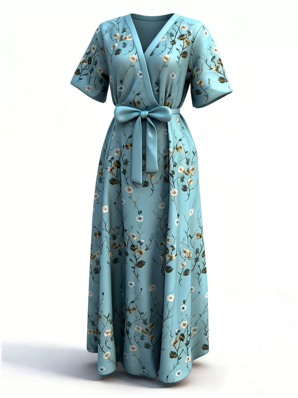 Floral print surplice maxi dress with belt in polyester