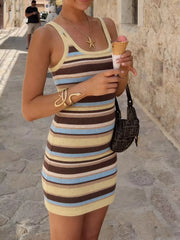 Striped Scoop Neck Knit Mini Dress in Yellow, close-up detail