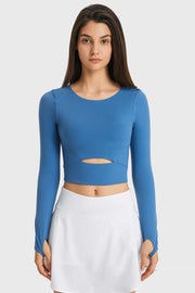 Blue crop top with keyhole cutout and thumbhole sleeves