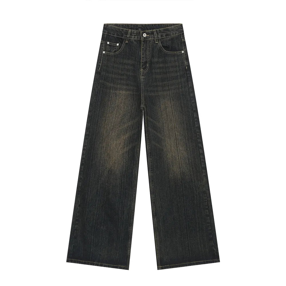 Dark wash wide-leg denim jeans with a relaxed fit and vintage wash.