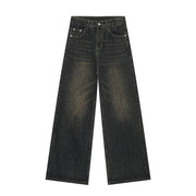 Dark wash wide-leg denim jeans with a relaxed fit and vintage wash.