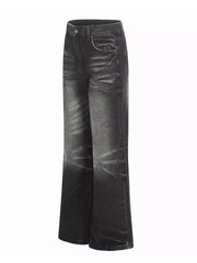 Men's vintage wash wide leg jeans in black with distressed details.