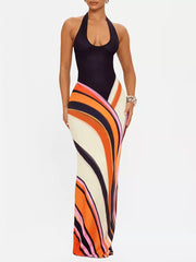 Elegant Halter Maxi Dress With Artistic Print