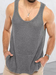 Gray open-knit scoop neck tank top with a relaxed fit.