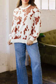 Abstract Print Drop Shoulder Sweater in Caramel