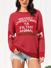 Red Christmas sweater with white polka dots, reindeer, and "Merry Christmas Ya Filthy Animal" text.