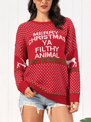 Red Christmas sweater with white polka dots, reindeer, and "Merry Christmas Ya Filthy Animal" text.
