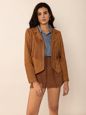 Caramel suede jacket with fringe detail and tie closure, collared, long sleeves.