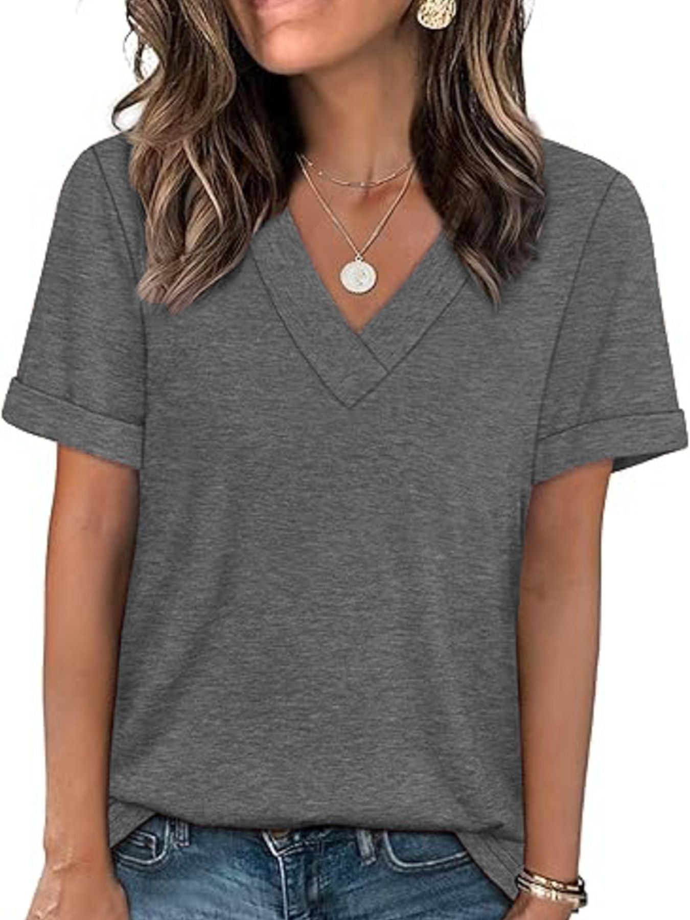 Dark Gray V-neck t-shirt with cuffed short sleeves and a relaxed fit.
