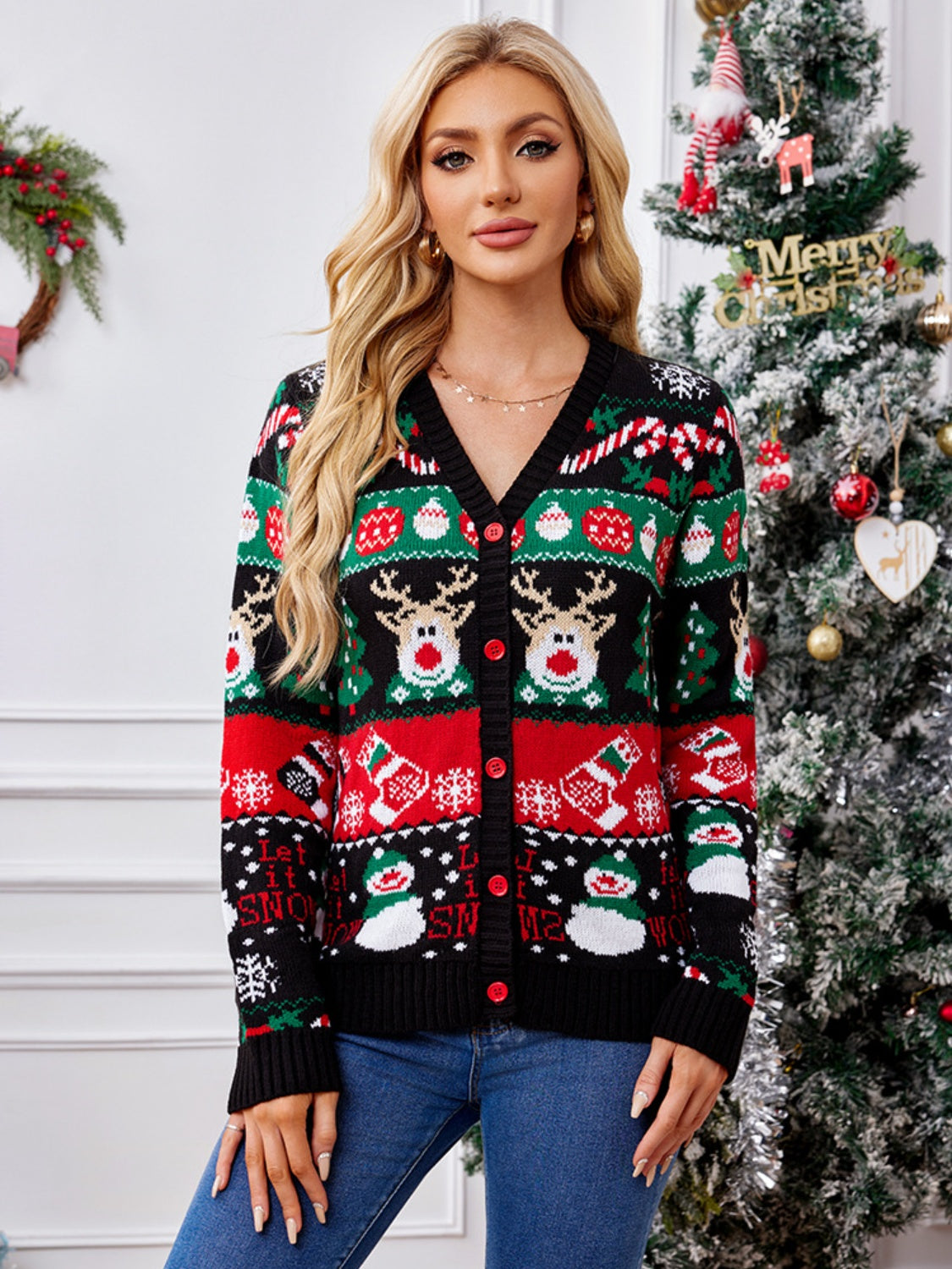 Festive Fair Isle button-up cardigan in black with reindeer, snowman, and snowflake patterns.