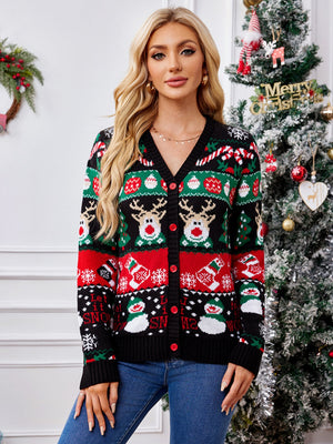 Festive Fair Isle button-up cardigan in black with reindeer, snowman, and snowflake patterns.