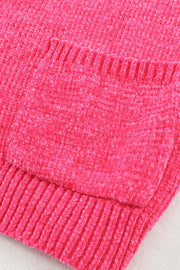 Plush pocket cardigan in hot pink with a deep V-neck and ribbed texture.
