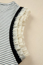 Ruffled stripe detail tank top with black velvet trim and cream ruffles.