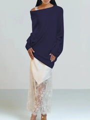Dark Blue off-shoulder knit sweater with textured cuffs and lace trim detail.