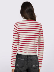 Breton stripe cropped cardigan in deep red and white with long sleeves and a crew neck.