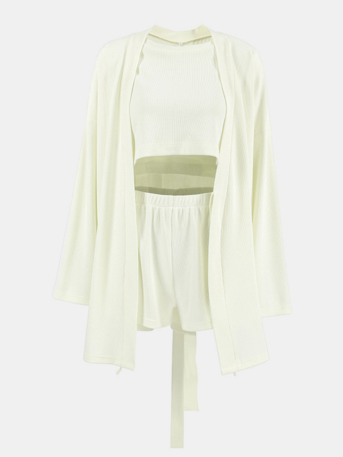 Cream waffle knit lounge set with open cardigan, crop top, and shorts.