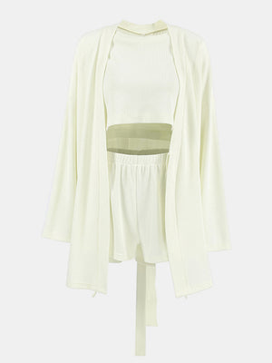 Cream waffle knit lounge set with open cardigan, crop top, and shorts.