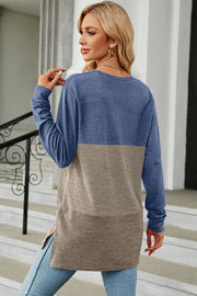 Colorblock long sleeve tee in blue and camel with side slits.