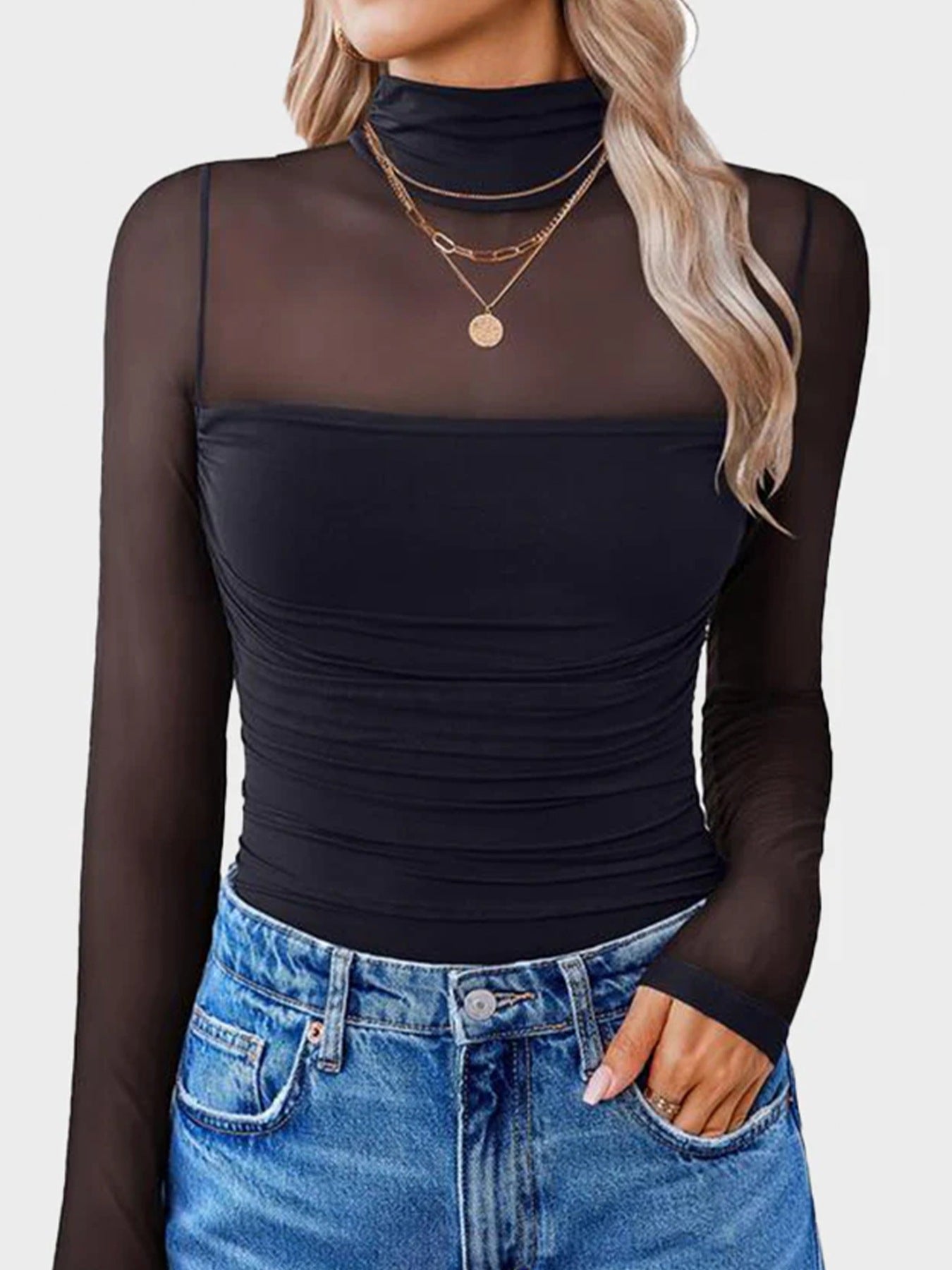 Black sheer mesh high neck maternity shirt with ruched bodice and long sleeves.