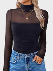 Black sheer mesh high neck maternity shirt with ruched bodice and long sleeves.