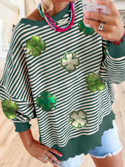 Dark green and cream striped boatneck pullover with clover appliqués and lettuce trim cuffs.
