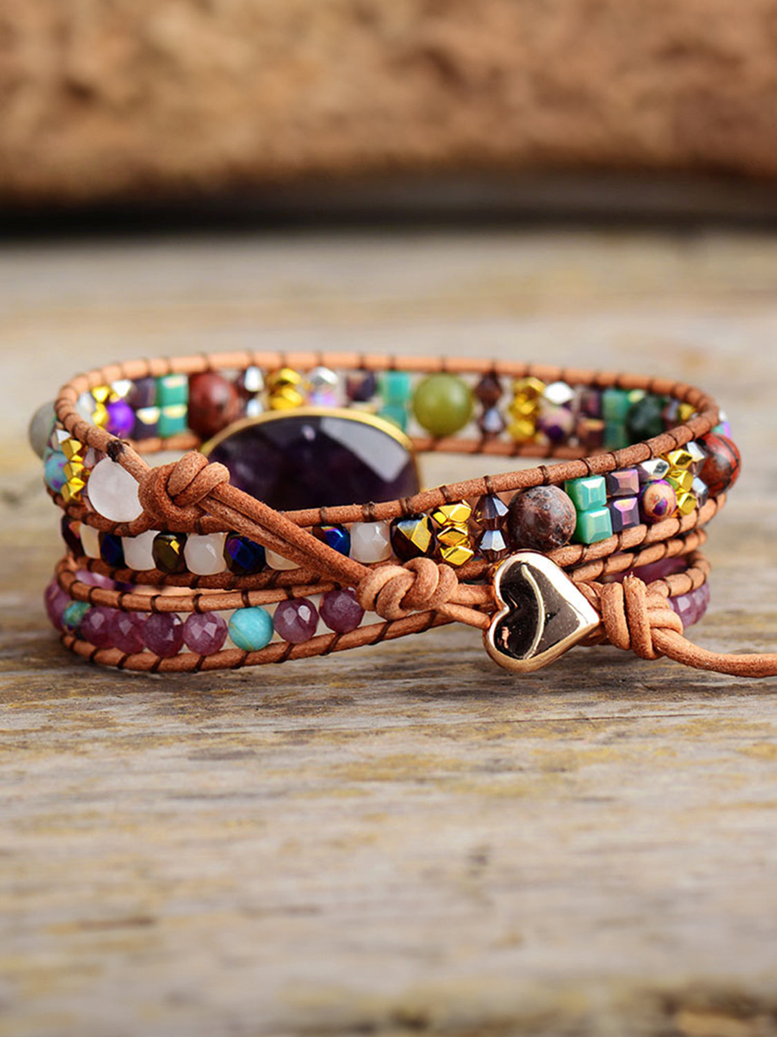 Wrapped amethyst and beaded bracelet with leather cord and heart charm