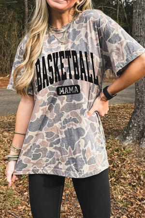 Camo print maternity t-shirt with crew neck and "Basketball Mama" graphic.