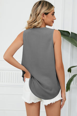 Dark Gray lace-trimmed V-neck tank top with a curved hem.