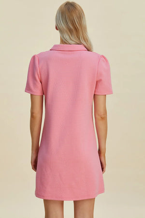 Pink textured short sleeve mini dress with geometric pattern and collar