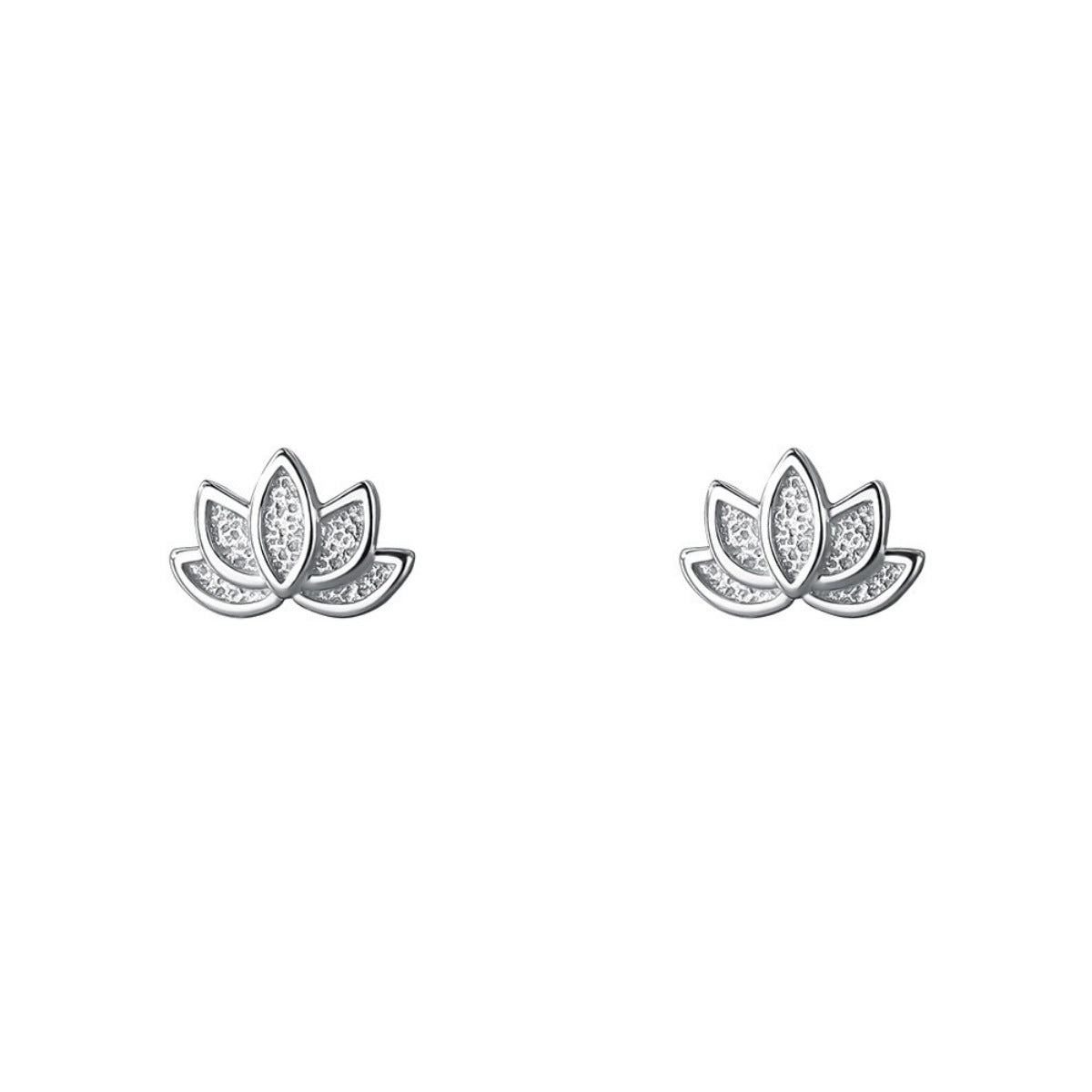 Silver lotus flower stud earrings with textured petals