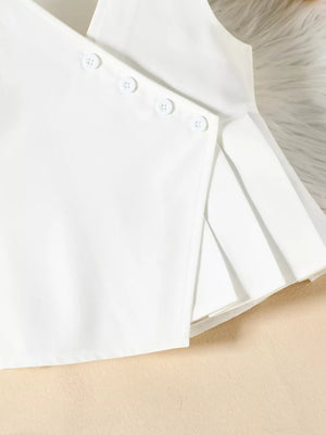 White baby two-piece set with pleated skirt and button detail