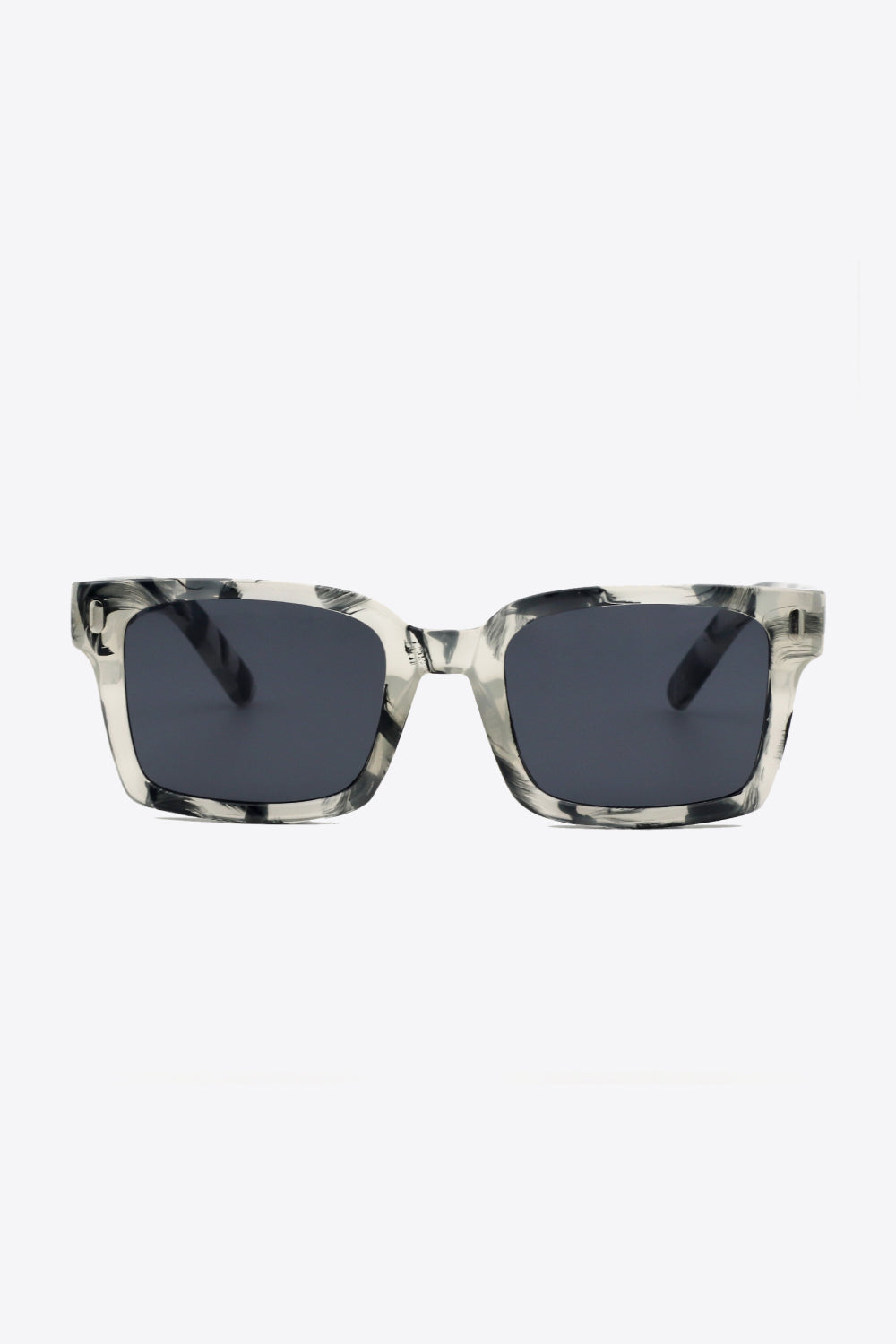 Marble effect rectangular sunglasses with dark lenses and bold frames.