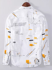 White cotton blend long sleeve shirt with science and math print, button-down front.