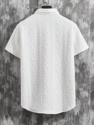 White knit polo shirt with textured cable knit pattern and short sleeves.