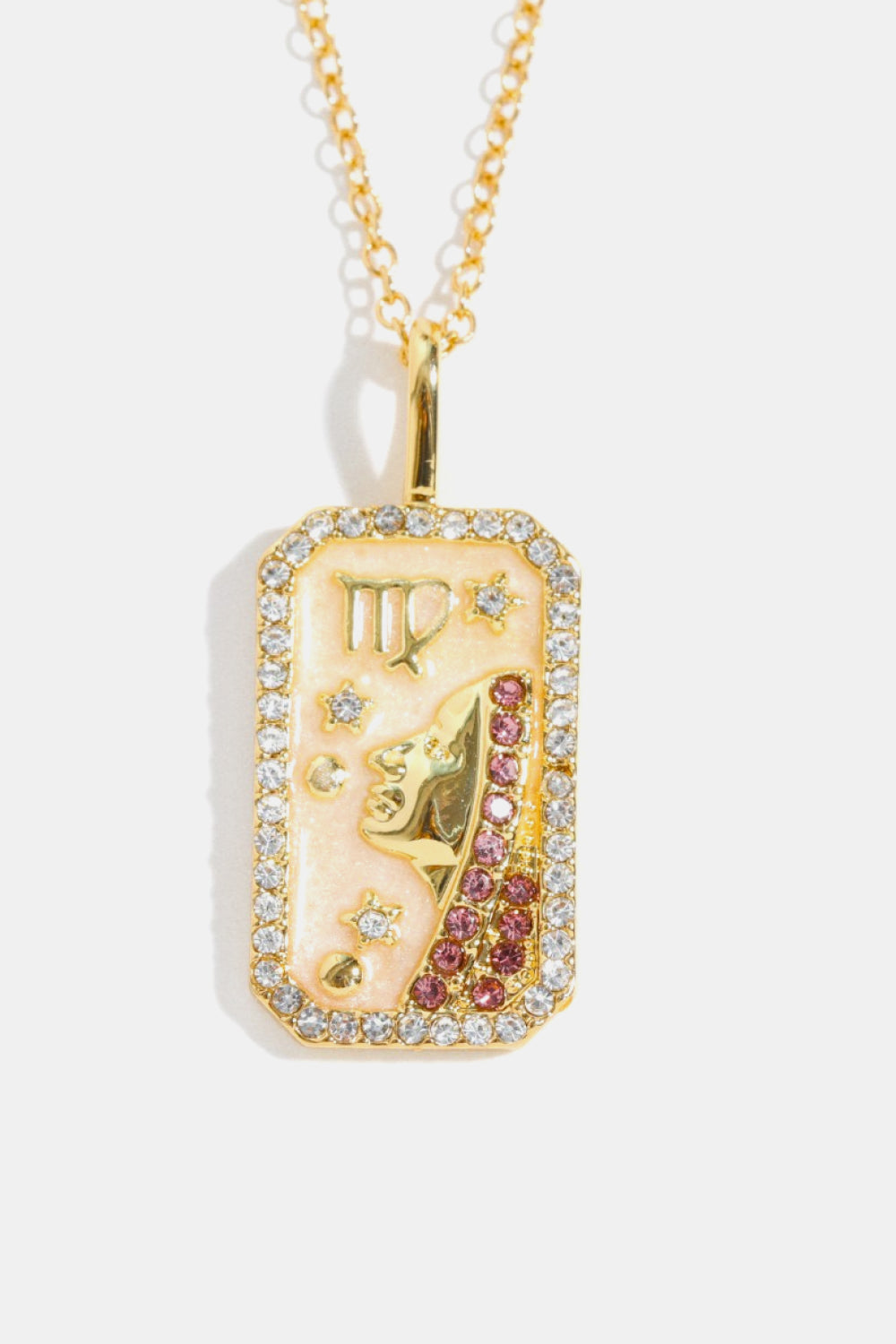 Gold-plated Virgo zodiac sign pendant necklace with pink and clear crystals and stars