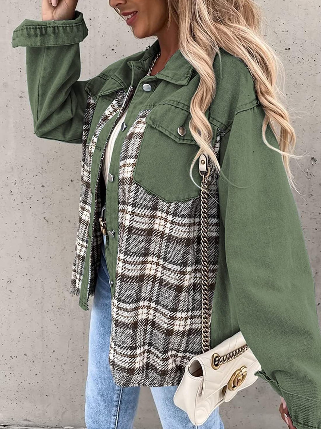Panelled plaid denim hybrid jacket in green with button details and chest pockets.