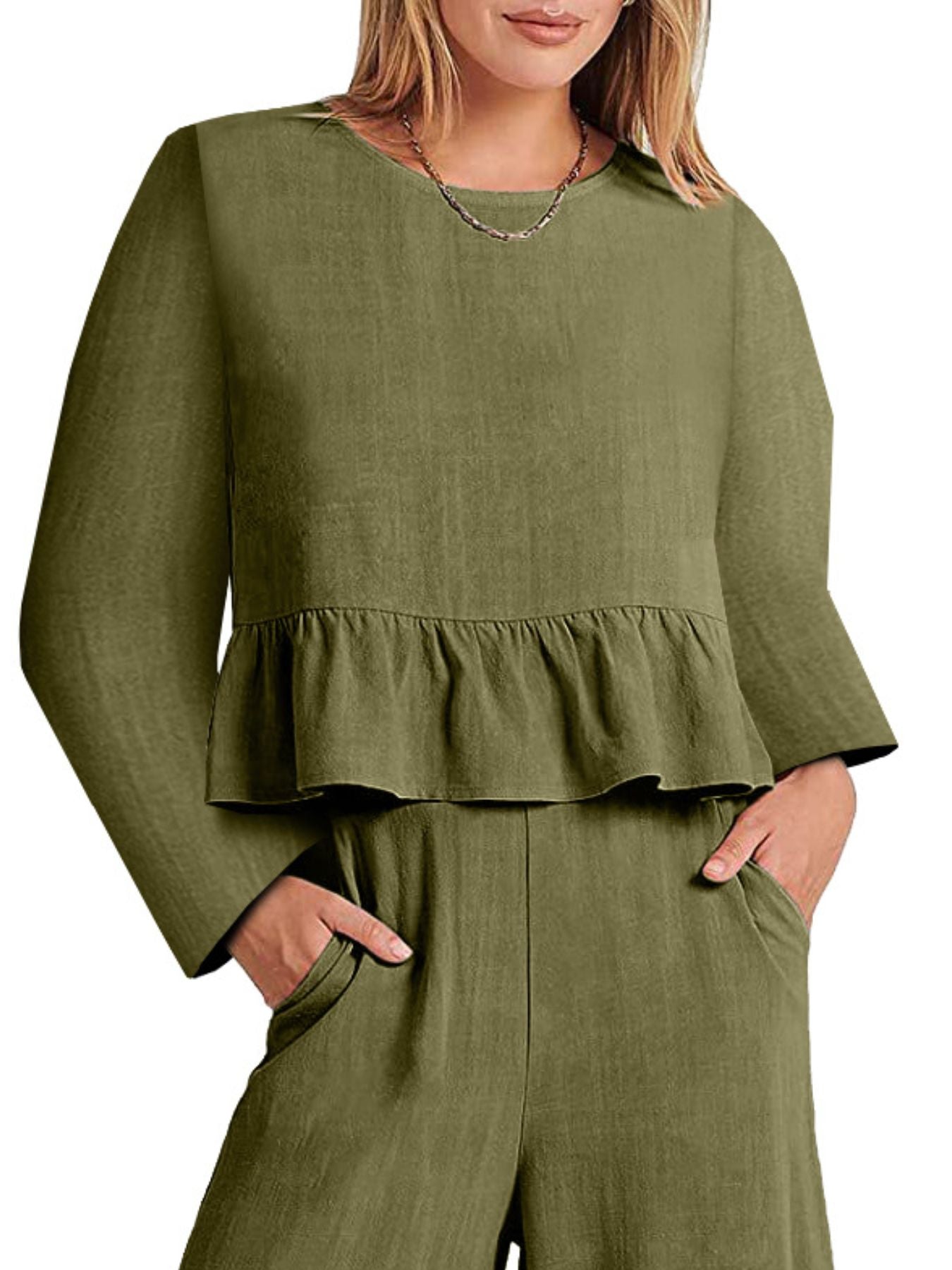 Army green ruffled hem two-piece set with pockets, crew neck long sleeve top and pants.