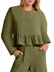 Army green ruffled hem two-piece set with pockets, crew neck long sleeve top and pants.
