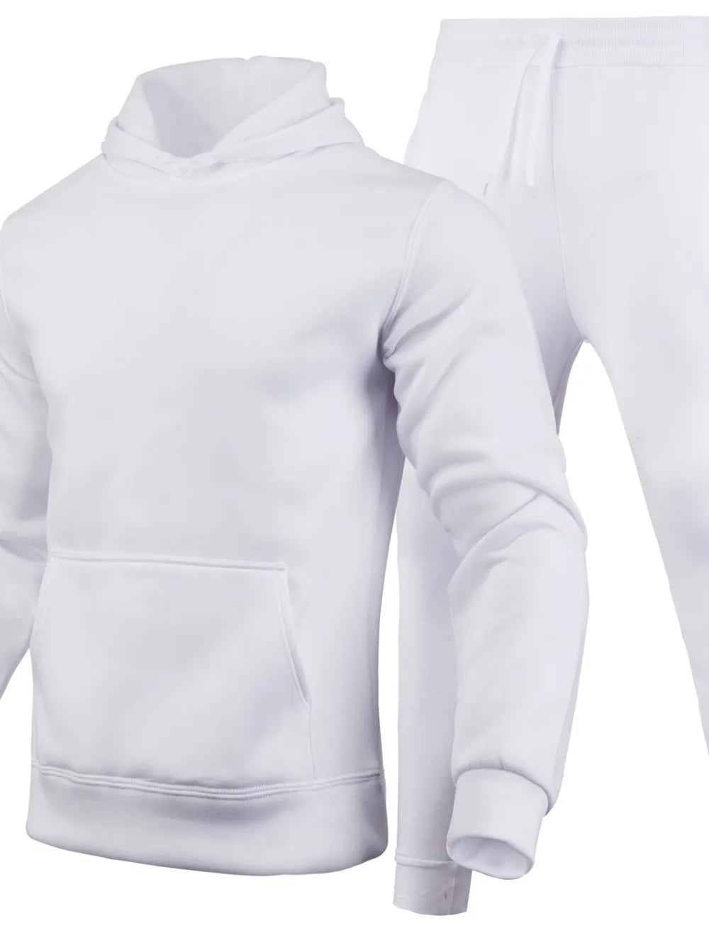 White fleece hoodie with front pocket and matching joggers with drawstring.